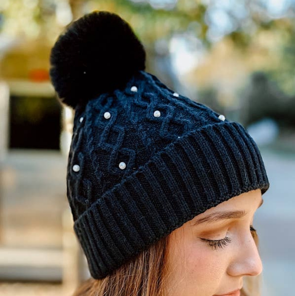 Fur Pom Adult Beanie with Pearls